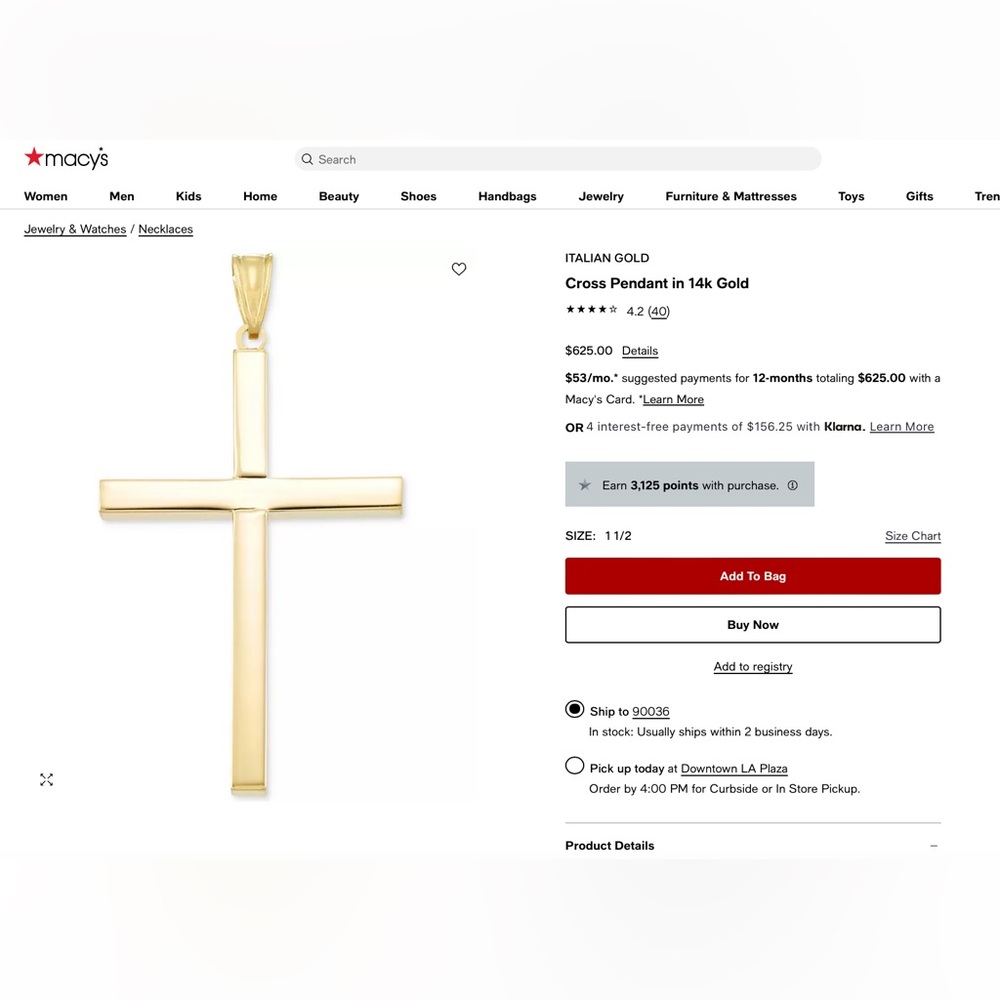 Italian Gold Cross Pendant. 14k Gold Jewelry.